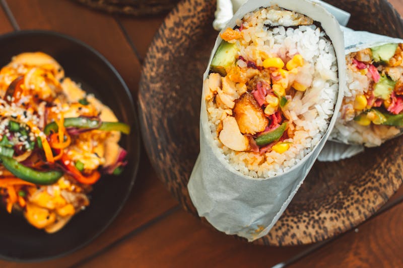 Grilled chicken burrito with fresh toppings